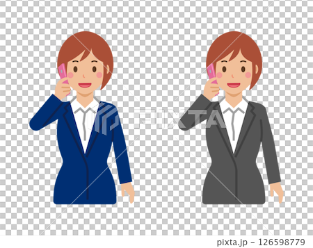 スマホで電話するショートヘアの若い女性。スーツ姿の上半身 126598779