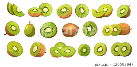 Kiwi fruit. Cartoon fresh ripe juicy organic healthy food, vegetarian tropical snack sliced whole half vector illustration 126598947