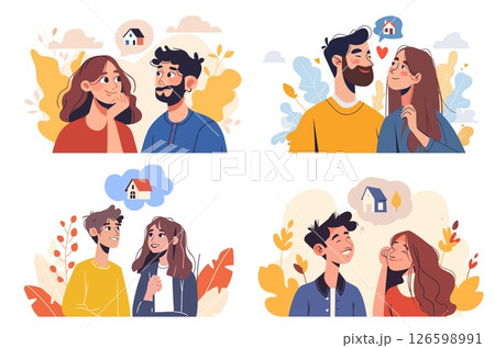House dream. Flat young man and woman couple family thinking buying future home building vector illustration 126598991