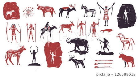 Cave painting. Ancient wall drawing animals prehistoric tribe caveman humans spear silhouettes, archaeology set vector illustration 126599018