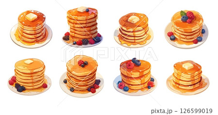 Cartoon pancake stack set. Tasty sweet breakfast food pile with butter, maple syrup and berries vector illustration 126599019