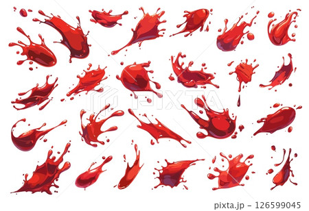 Blood splashes. Cartoon halloween horror murder crime traces drops, red paint sauce ketchup drips stains vector illustration Blood splashes. Cartoon halloween horror murder crime traces drops, red paint sauce ketchup drips stains vector illustration 126599045