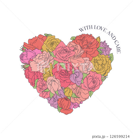 Hand drawn line art heart colmosition filled with retro palette rose flowers and text with love and care Hand drawn line art heart colmosition filled with retro palette rose flowers and text with love and care 126599214