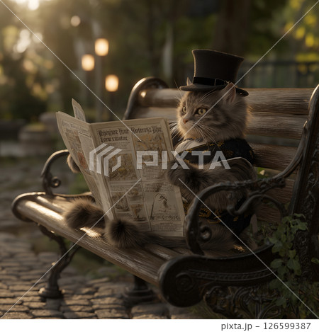 朝の公園で新聞を読んでいる猫 126599387