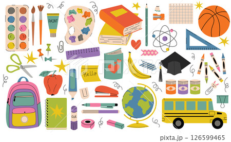 Playful cartoon style set of back to school elements. Art, craft and school supplies. Playful cartoon style set of back to school elements. Art, craft and school supplies. 126599465