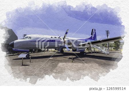 水彩画風　コウノトリ但馬空港　YS-11　兵庫県豊岡市 126599514