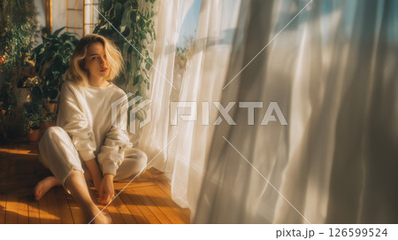 植物と陽だまりの部屋でくつろぐ女性 126599524
