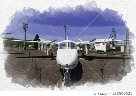 水彩画風　コウノトリ但馬空港　エアロコマンダー 680FL　兵庫県豊岡市 126599529