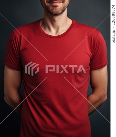 Man wearing red shirt. Empty space to add your logo, text, design. Mockup, template. Ai Generative 126599574