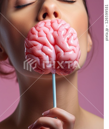 Woman licking brain lollipop. Consuming knowledge and intelect trough food. Ai Generative Woman licking brain lollipop. Consuming knowledge and intelect trough food. Ai Generative 126599581