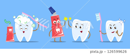 Dental care . Tooth cartoon character with toothbrush and toothpaste . Isolated on blue background . Vector . Dental care . Tooth cartoon character with toothbrush and toothpaste . Isolated on blue background . Vector . 126599626