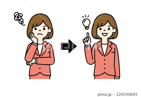 考えるポーズと閃いたポーズの、女性会社員のベクターイラスト素材＿線幅の編集可能＿カラー 126599685