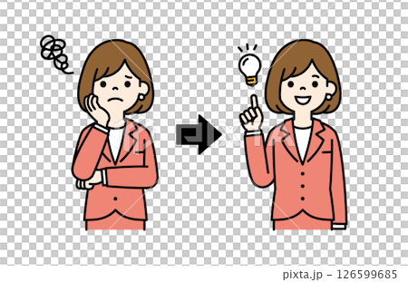 考えるポーズと閃いたポーズの、女性会社員のベクターイラスト素材＿線幅の編集可能＿カラー 126599685