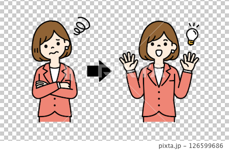 悩みを解消する方法を思いついた、女性会社員のベクターイラスト素材＿線幅の編集可能＿カラー 126599686