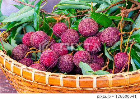 Lychee or Litchi chinensis fruits with green leaves in bamboo basket. 126600041