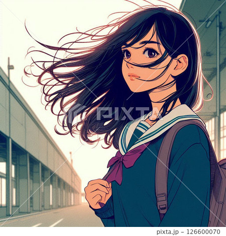 日本人女性10代エモい高校生！かわいいJCが美しい！少し悲しげな顔の美人！髪の毛が風でなびいている 126600070