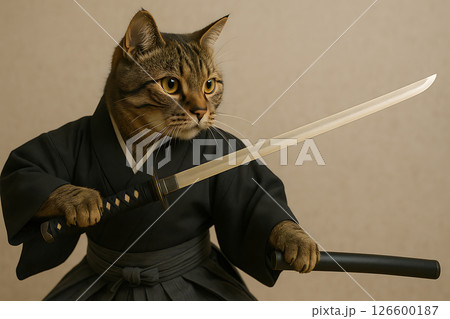 刀を構える侍姿のキジトラ猫 126600187