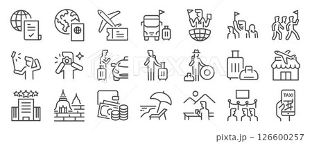 Travel icon set. It includes tour, tourism, flight, vacation, holiday and more icons. 126600257