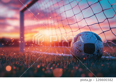 Soccer ball hits the goal net at sunset 126600382