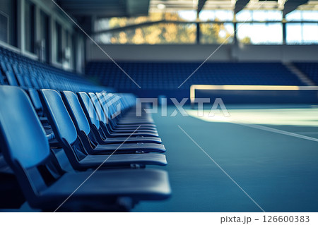 Empty indoor tennis court with sunlit seating areas 126600383