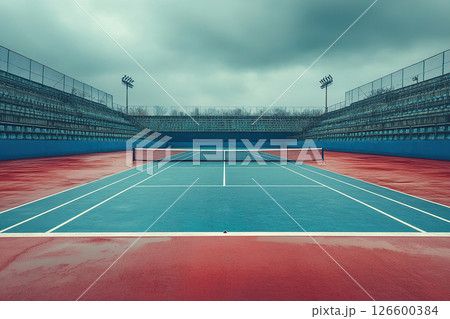 Empty tennis court under cloudy sky 126600384