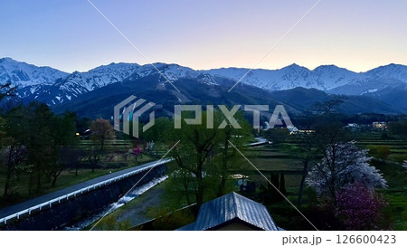 夕暮れの北アルプス、春の白馬村からの風景【長野】 126600423