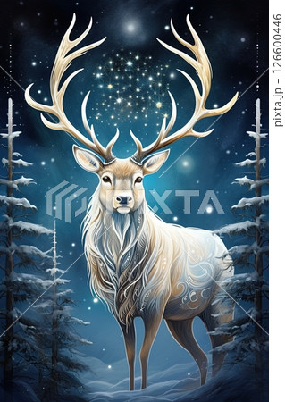 White Stag in the forest at night. Vintage Christmas postcard design. Ai Generative 126600446