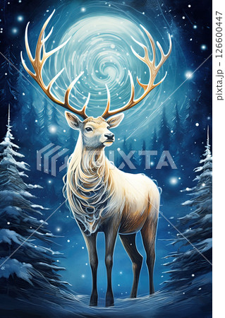 White Stag in the forest at night. Vintage Christmas postcard design. Ai Generative 126600447