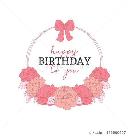 Hand drawn line art retro palette pink rose flowers round frame and text happy birthday to you 126600497