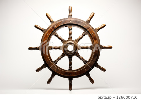 Vintage caravel ship helm. Ship's rudder or steering wheel on white background. Ai generative 126600710