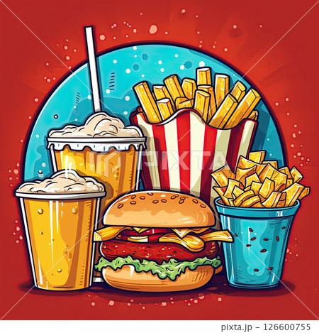 Food menu. Hamburger, french fries and soda. Ai generative illustration 126600755