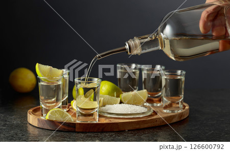 Gold tequila with salt and lime slices. Gold tequila with salt and lime slices. 126600792