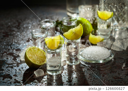 Tequila with lime, sea salt, and crushed ice. 126600827