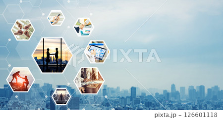 様々なビジネスイメージのコラージュ バナー・広告向け横長ビジュアル 様々なビジネスイメージのコラージュ バナー・広告向け横長ビジュアル 126601118
