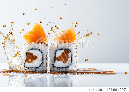 Splash of Soy Sauce on Fresh Sushi Roll on a Glass Plate 126601607
