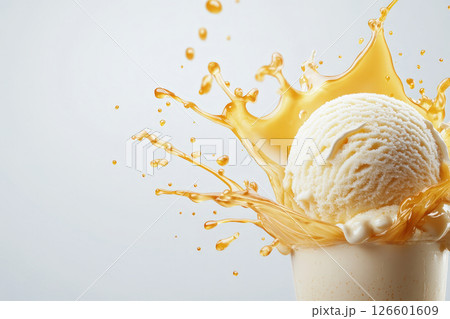 Vanilla Ice Cream Scoop with Caramel Sauce Splash Vanilla Ice Cream Scoop with Caramel Sauce Splash 126601609
