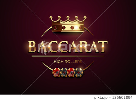 Luxury golden Baccarat logo with crown, playing cards and casino icons on dark background. Perfect for gambling, casino games, VIP club promotions, and high roller events 126601894
