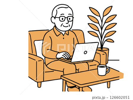 ソファでノートパソコンを操作するシニア男性（在宅ワーク） 126602051