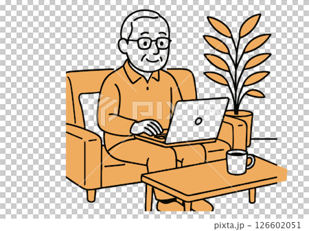 ソファでノートパソコンを操作するシニア男性（在宅ワーク） 126602051