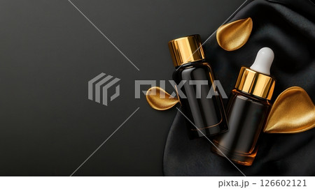 Elegant Black and Gold Cosmetic Bottles Display with Skincare Products 126602121