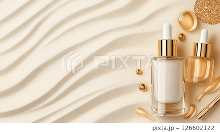 Elegant Cosmetic Bottles Nestled in Plush Textured Background with Luxurious Accessories Elegant Cosmetic Bottles Nestled in Plush Textured Background with Luxurious Accessories 126602122