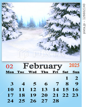 calendar for February 2025 with image of fabulous forest. February calendar calendar for February 2025 with image of fabulous forest. February calendar 126602140