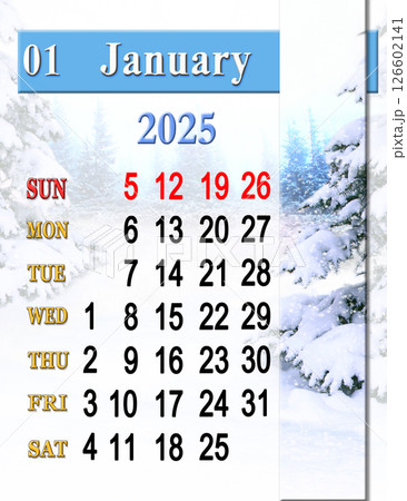 calendar for January 2025 with photo of snowy pine forest. January planner calendar for January 2025 with photo of snowy pine forest. January planner 126602141