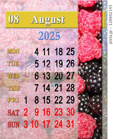 calendar for August with photo of ripe red and black raspberry 126602143