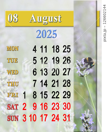 calendar for August with photo of flying bumblebee. Monday start calendar for August with photo of flying bumblebee. Monday start 126602144