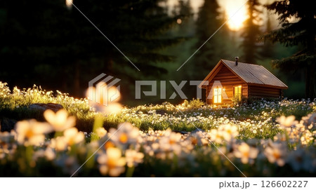 Cozy Cabin in Enchanting Forest Clearing at Sunset 126602227