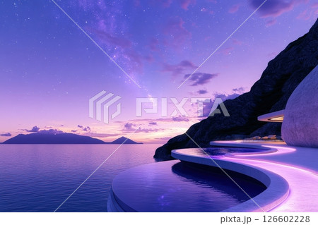 Futuristic Coastal Spa Blending Nature and Modern Architecture at Sunset 126602228