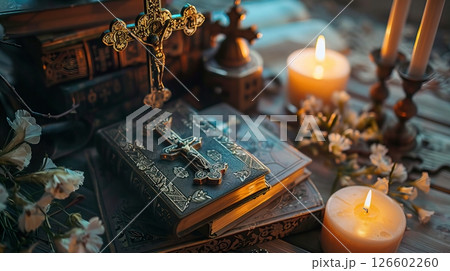A wooden table with an open book, candles, and a cross. The scene is softly lit, creating a serene atmosphere. Flowers are placed nearby, enhancing the peaceful setting. A wooden table with an open book, candles, and a cross. The scene is softly lit, creating a serene atmosphere. Flowers are placed nearby, enhancing the peaceful setting. 126602260