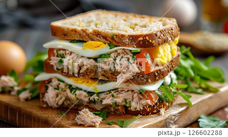 A delicious sandwich made with whole grain bread, filled with tuna, sliced tomatoes, boiled eggs, and fresh greens. Perfect for a quick meal or snack. 126602288