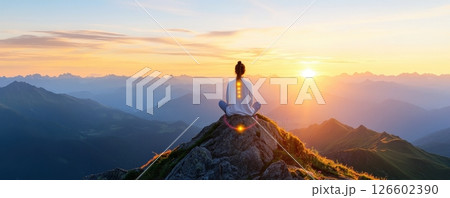 Solo Silhouette Meditating on Mountaintop at Breathtaking Scenic Sunset Solo Silhouette Meditating on Mountaintop at Breathtaking Scenic Sunset 126602390